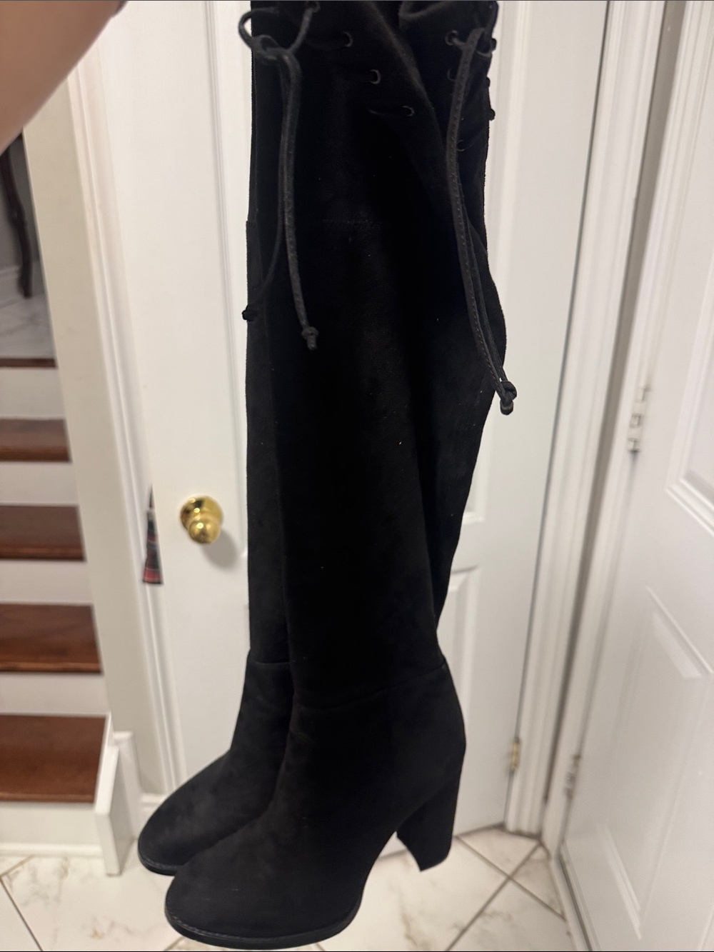 Black Knee-High Suede Block Heel Boots - Women